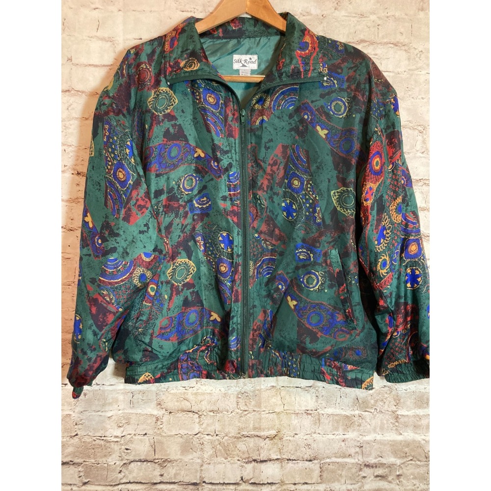Vintage Silk Road Jacket Womens Large 100% Silk 90's Mixed Print Full‎ Zip Up